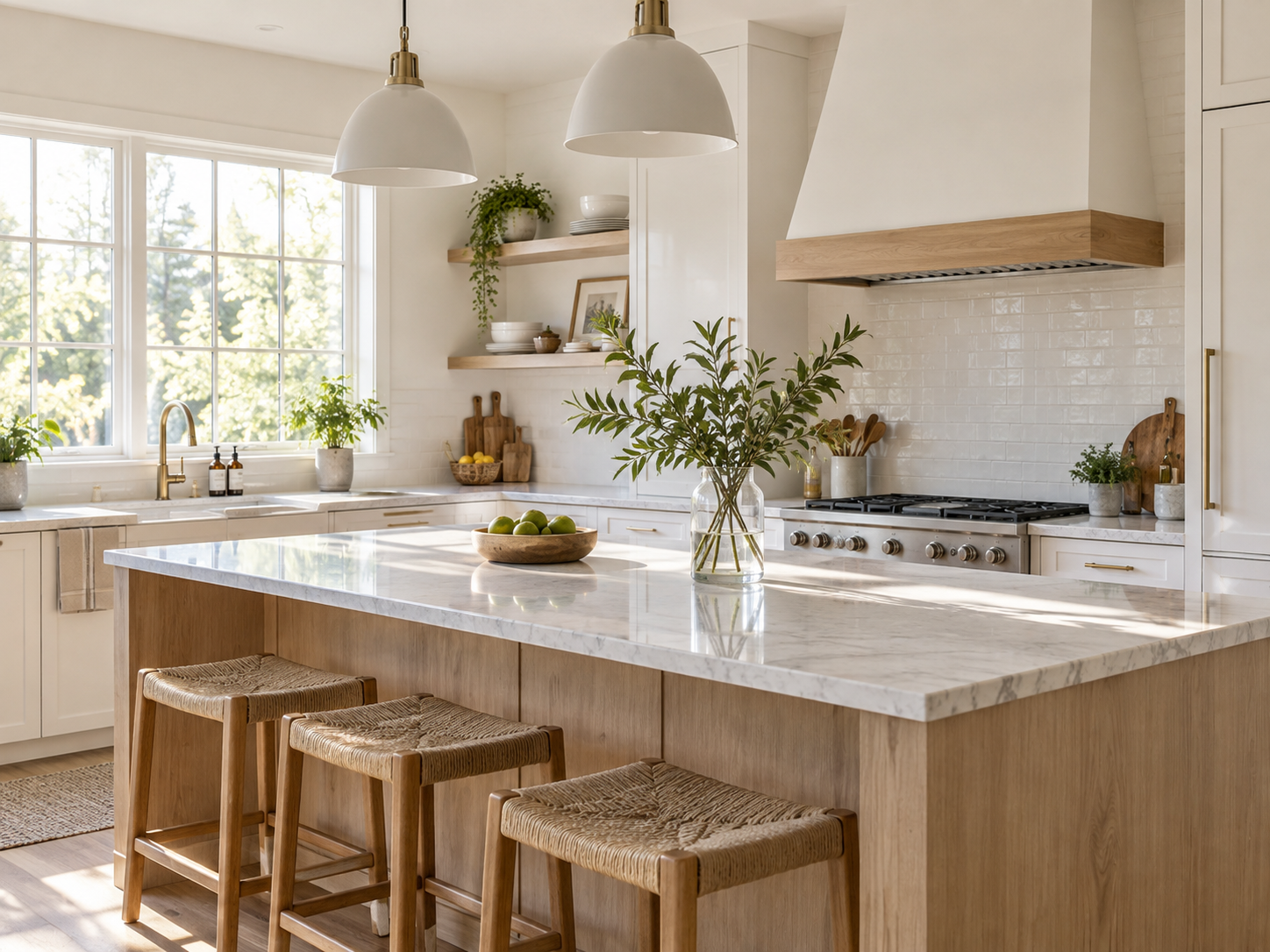 A beautifully clean sunlit kitchen with white cabinetry, oak details and greenery